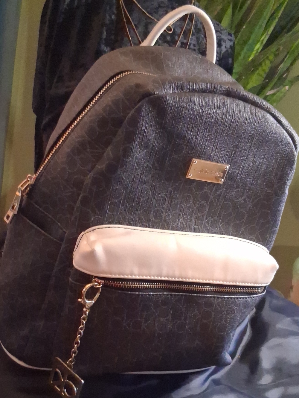 Calvin Klein Monogram Black Backpack with White Leather Accent Pocket. Nwot - Picture 2 of 13